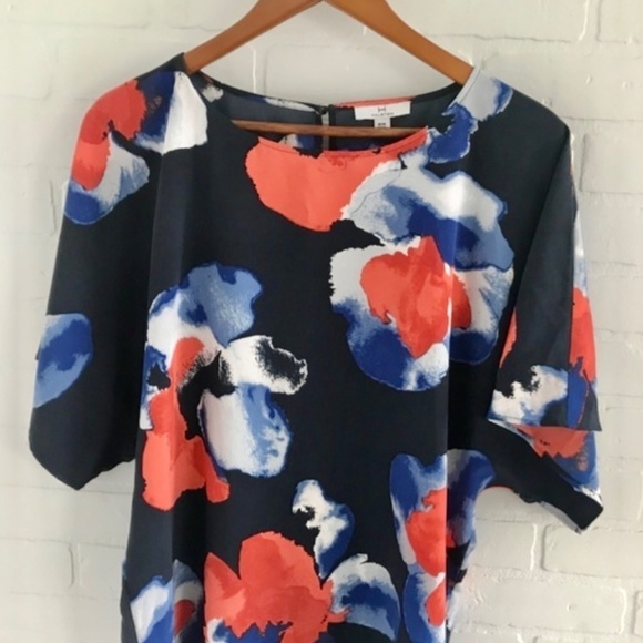 Halston Mini dress Watercolor Watercolor Floral Print Flowy Navy red Boxy M - Picture 2 of 7